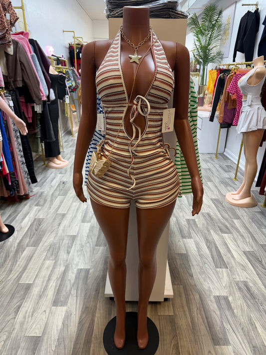 Sunset Escape Striped Halter Romper – Mocha Multi