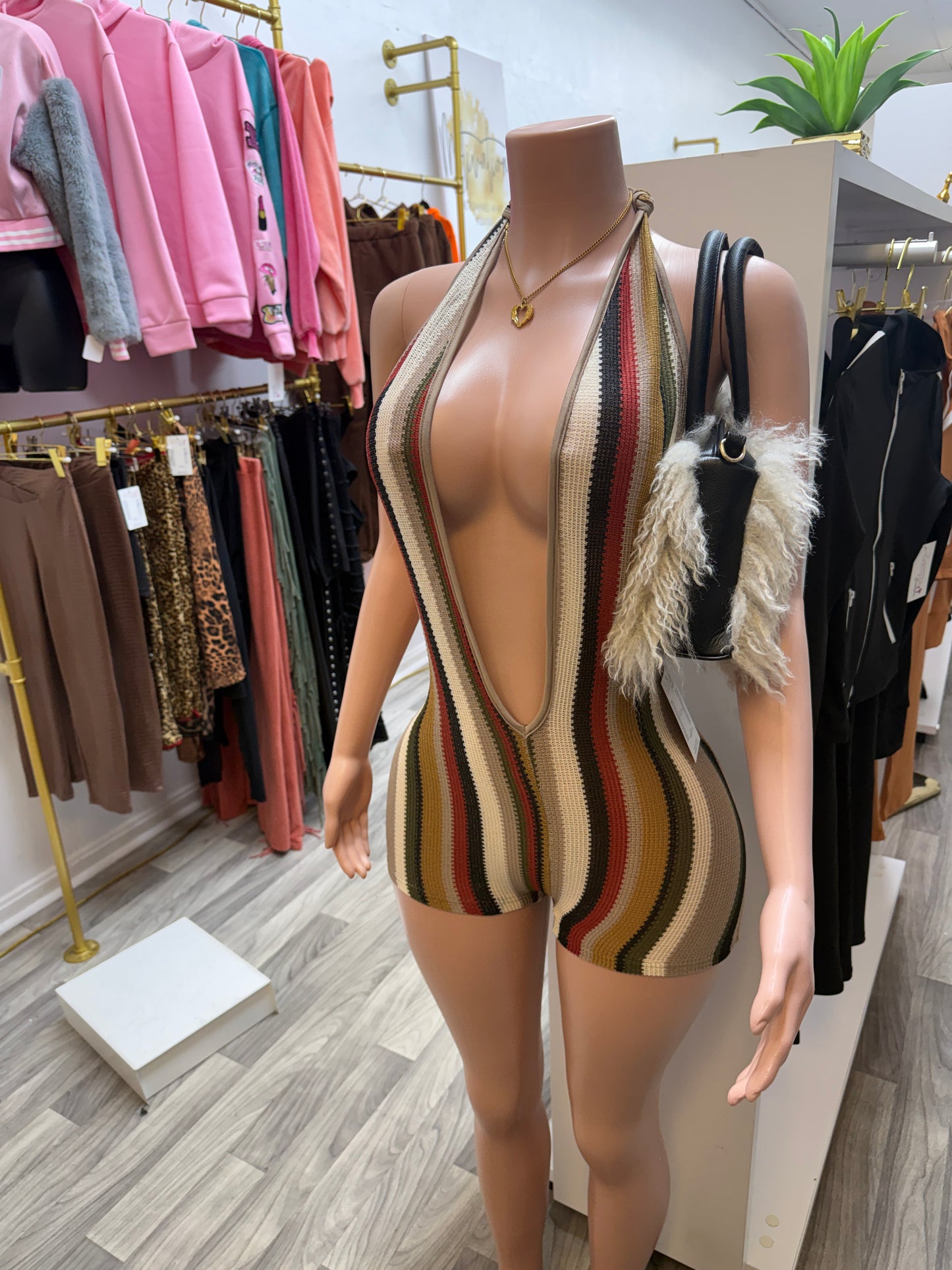 Island Heat Plunge Romper – Backless Halter Bodycon