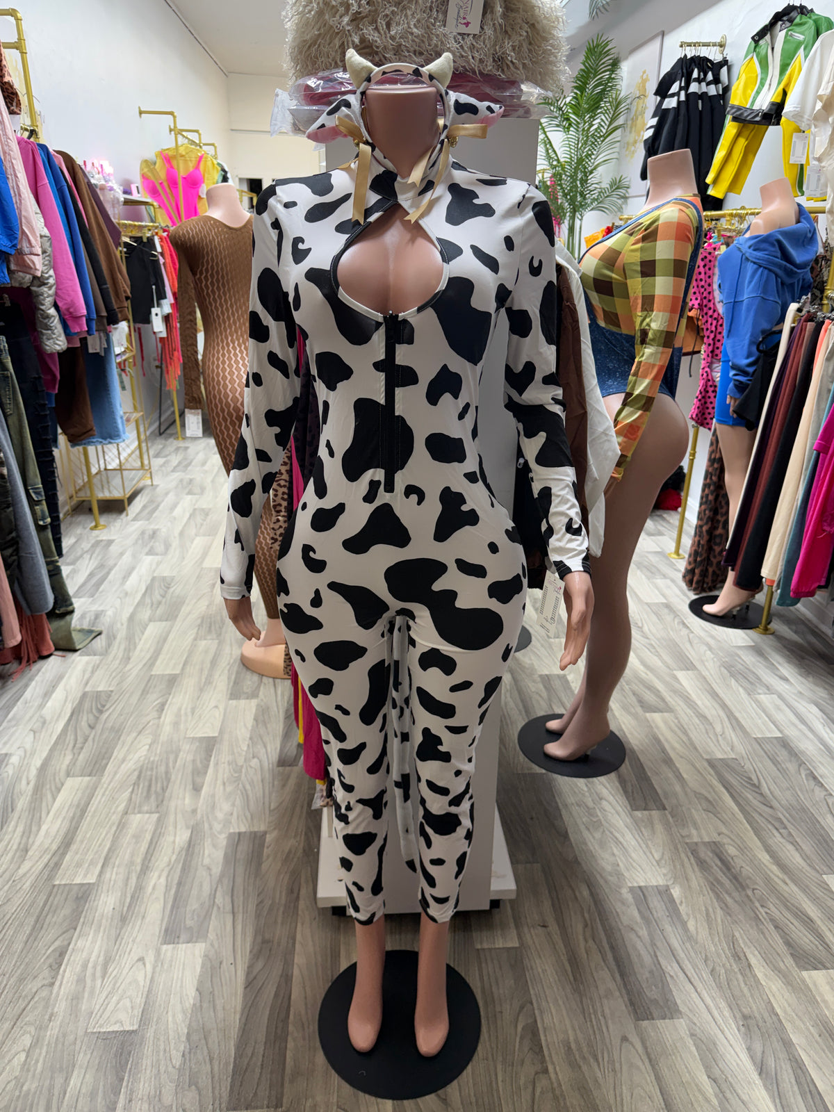 Moo’ve Over Sexy Cowgirl Halloween Costume – Cow Print Jumpsuit & Headband