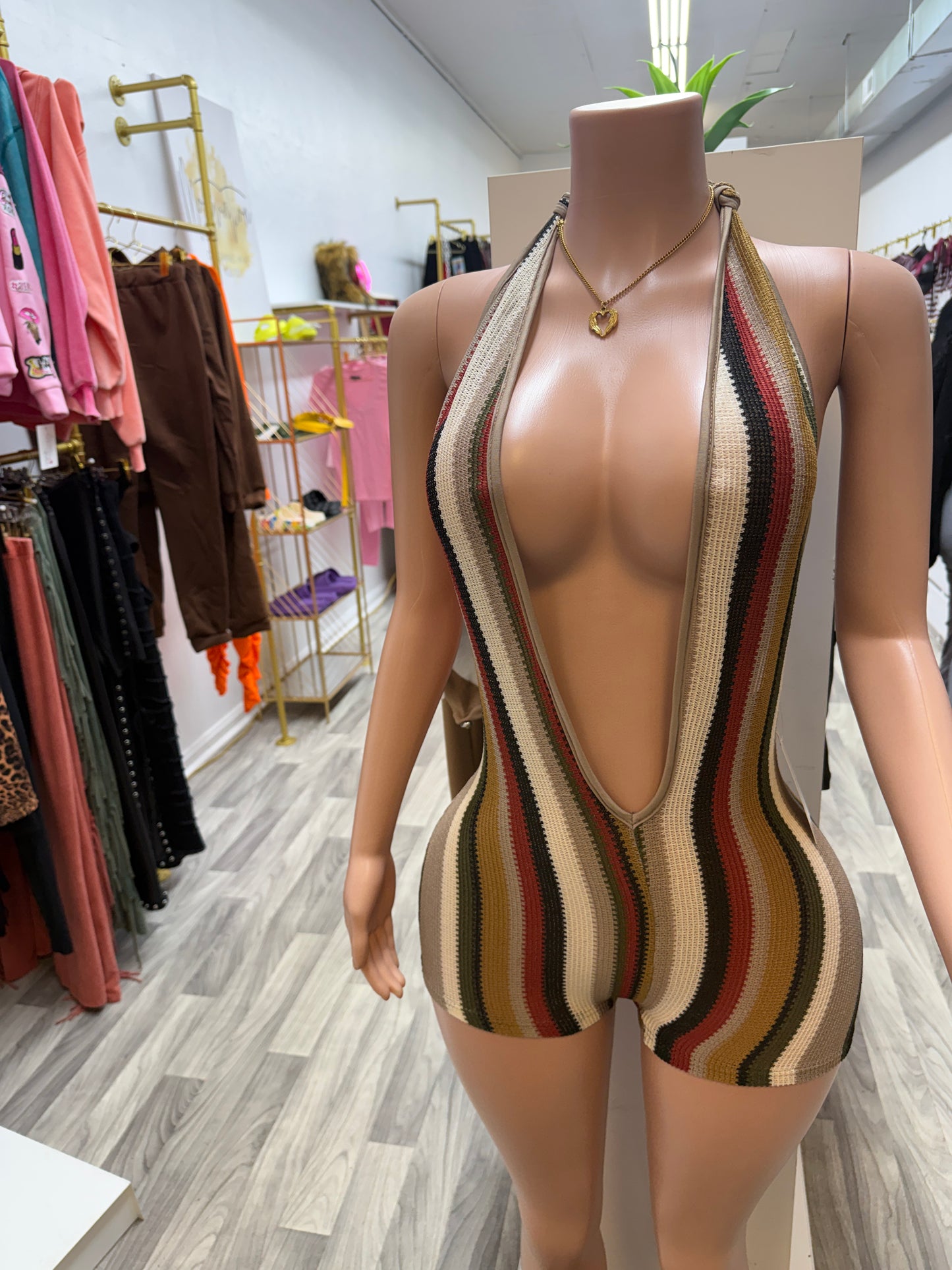 Island Heat Plunge Romper – Backless Halter Bodycon