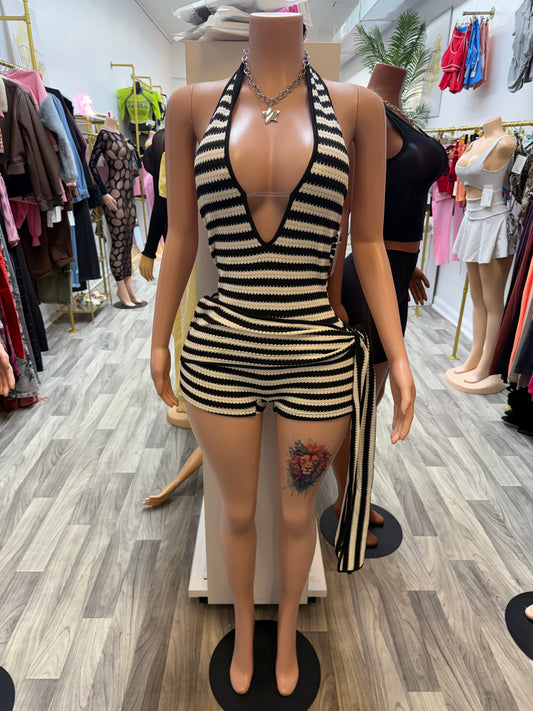 Monaco Muse Striped Halter Romper with Side Sash – Black/White