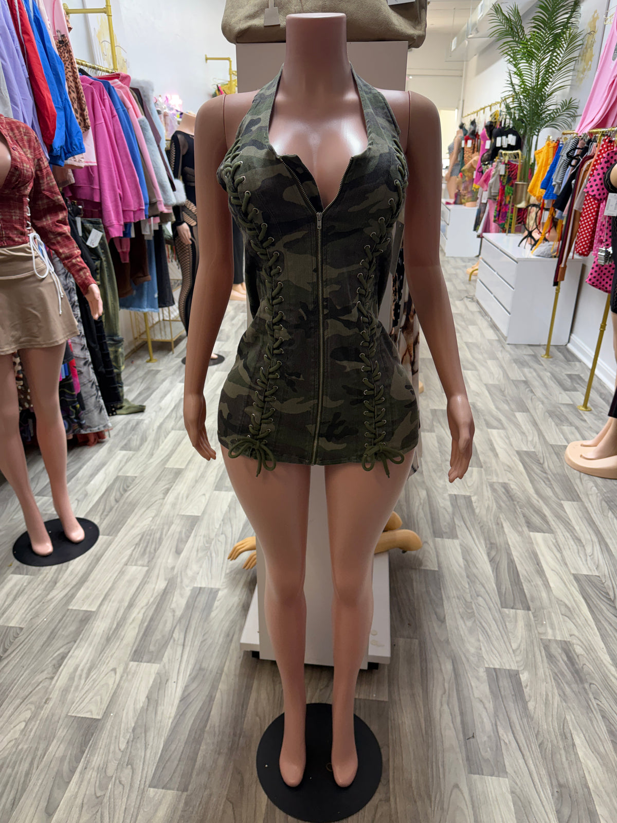 Mission Ready Camo Lace-Up Halter Mini Dress