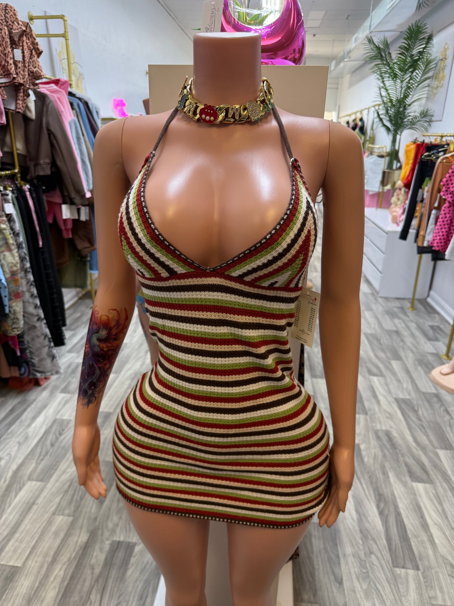 Retro Stripe Halter Knit Bodycon Mini Dress