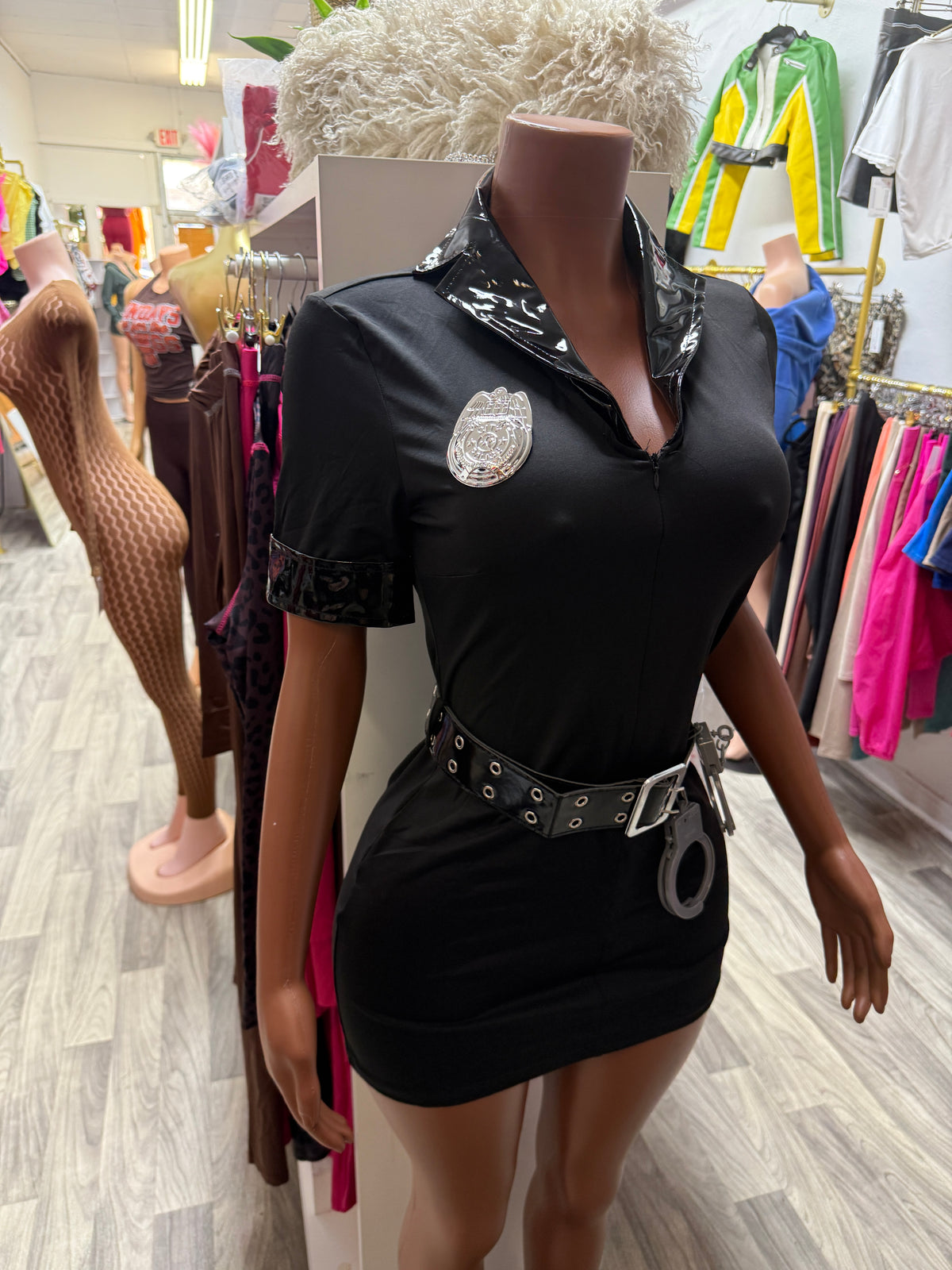 Under Arrest Sexy Police Officer Halloween Costume – Black Mini Dress 5-Piece Set