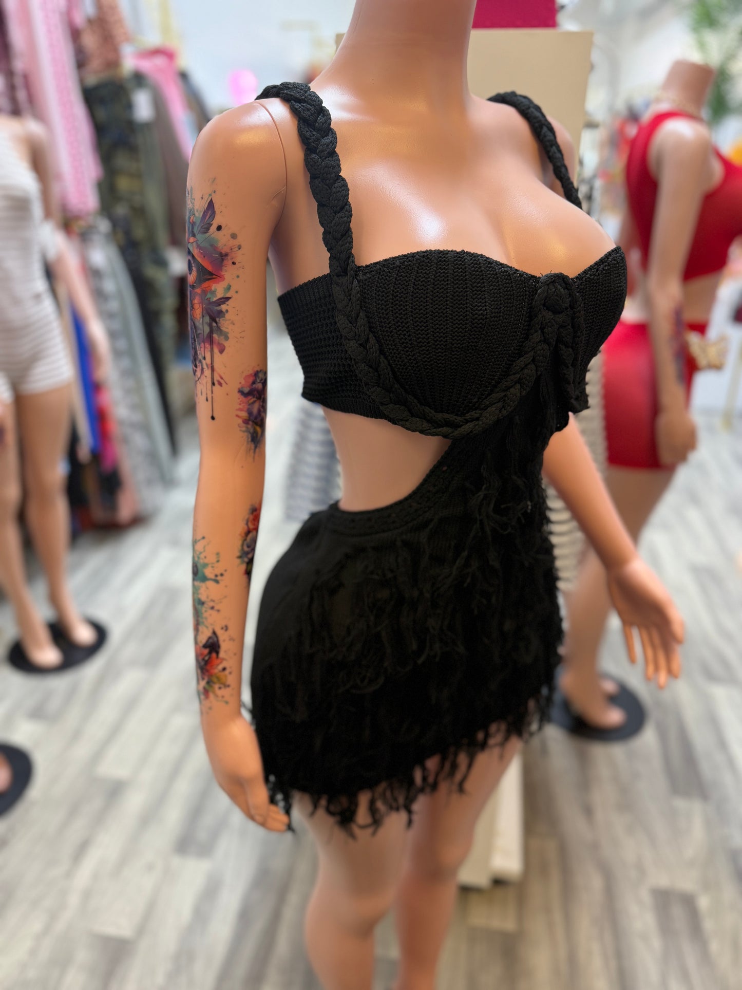 Midnight Muse Crochet Cutout Fringe Mini Dress