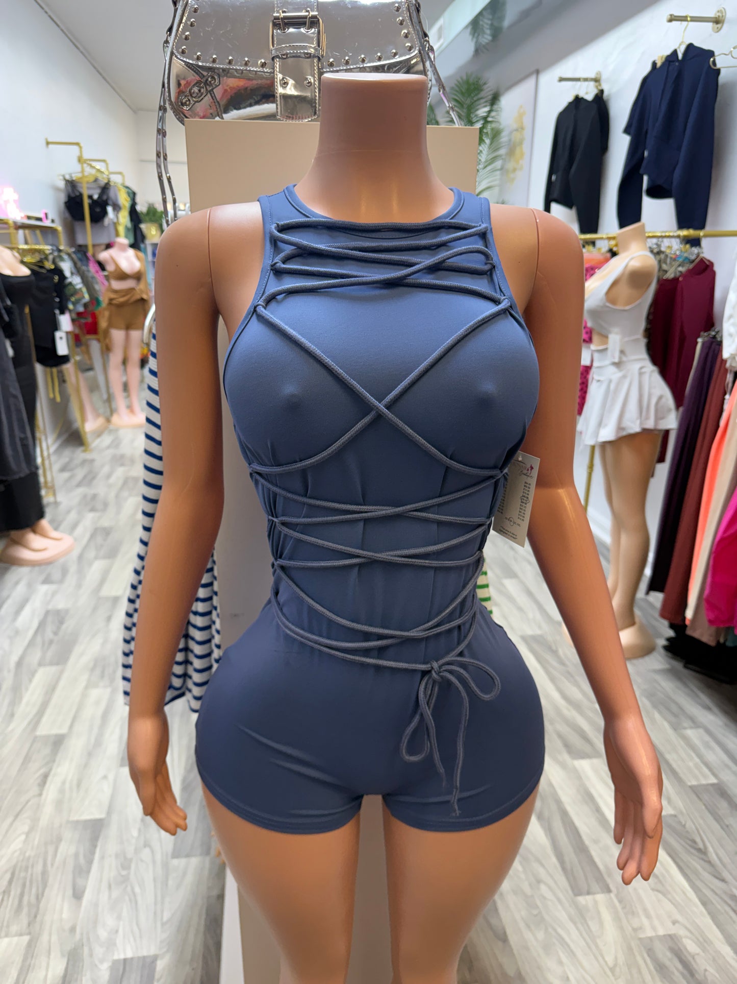 Midnight Muse Lace-Up Romper – Slate Blue