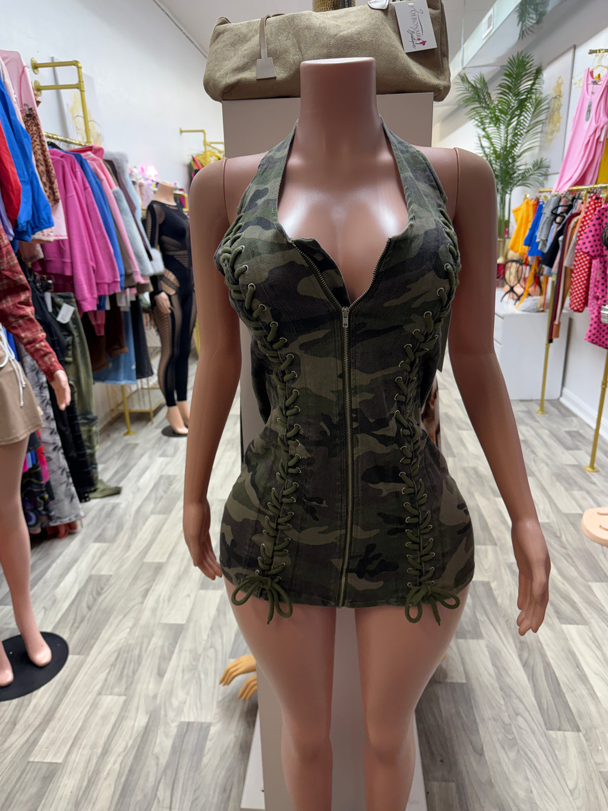 Mission Ready Camo Lace-Up Halter Mini Dress