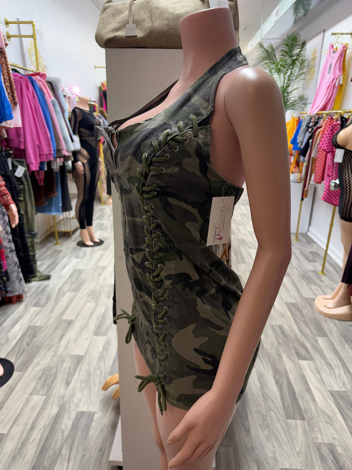 Mission Ready Camo Lace-Up Halter Mini Dress