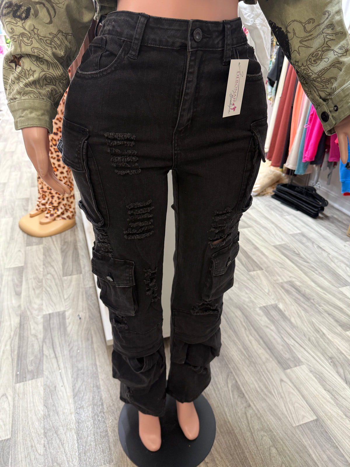 Stacked Up Stretch Cargo Jeans – Black