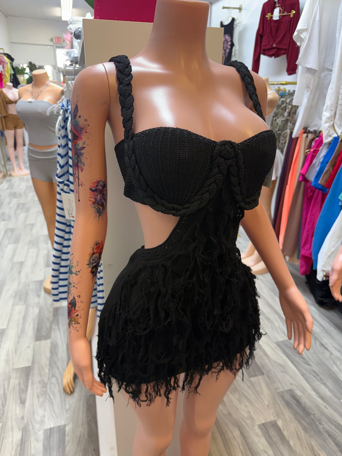 Midnight Muse Crochet Cutout Fringe Mini Dress