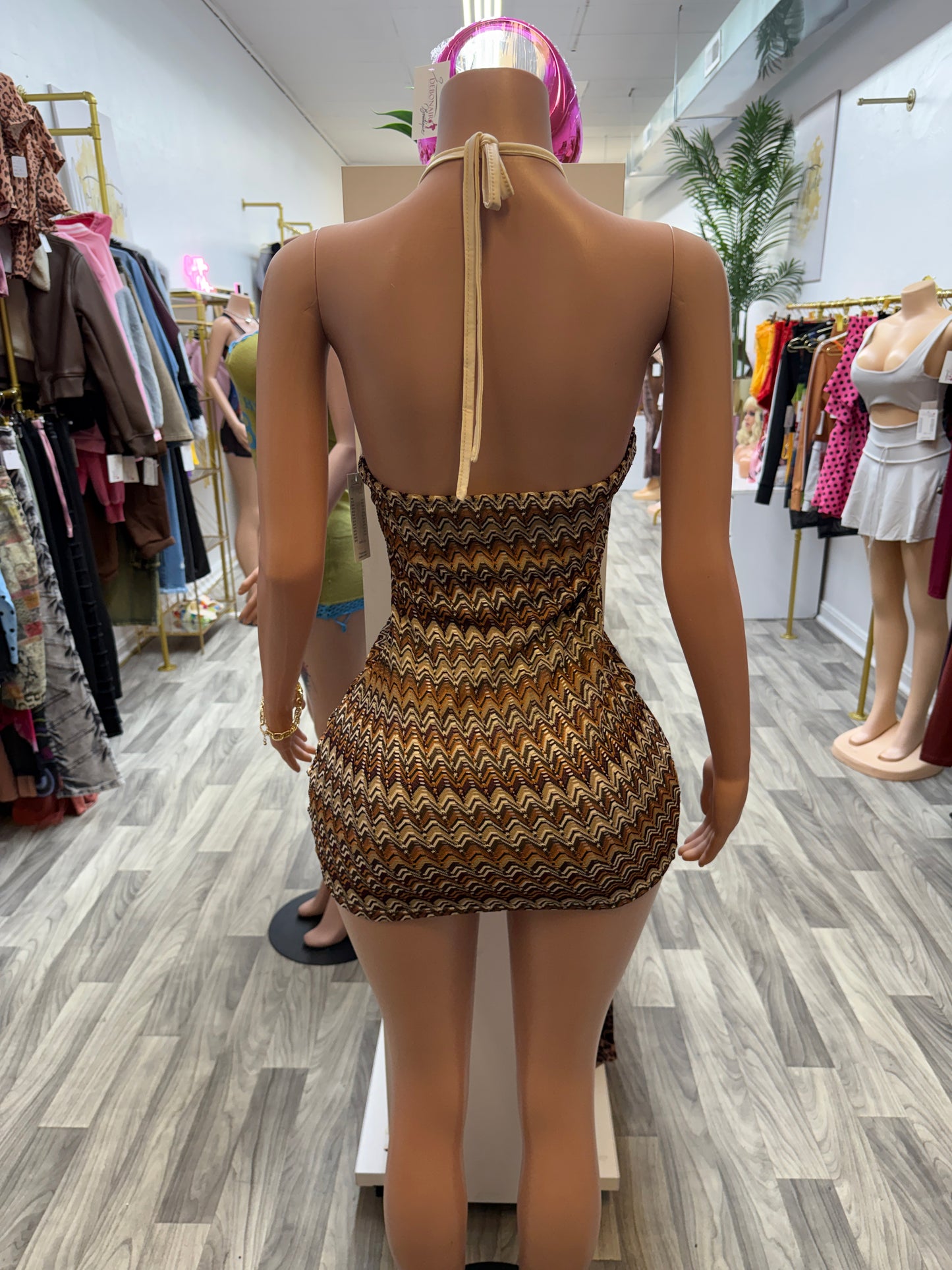 Mocha Wave Halter Bodycon Mini Dress