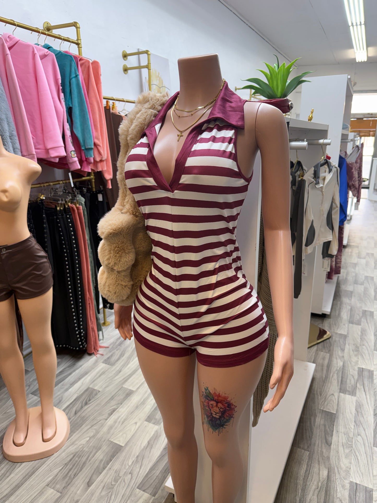 Snatched & Striped Collared Romper – Deep V Bodycon Shorts Romper