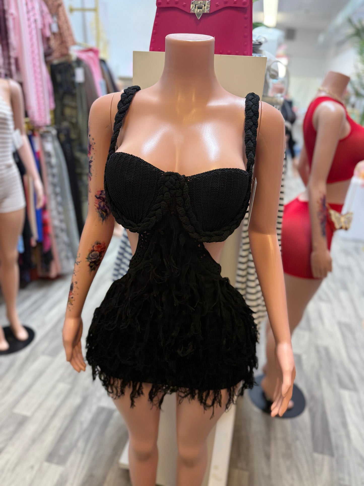 Midnight Muse Crochet Cutout Fringe Mini Dress