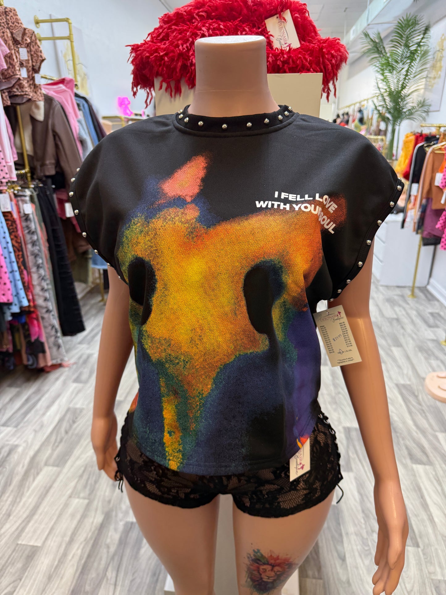 Fallen Love Studded Graphic Tee – Black Oversized Statement Top