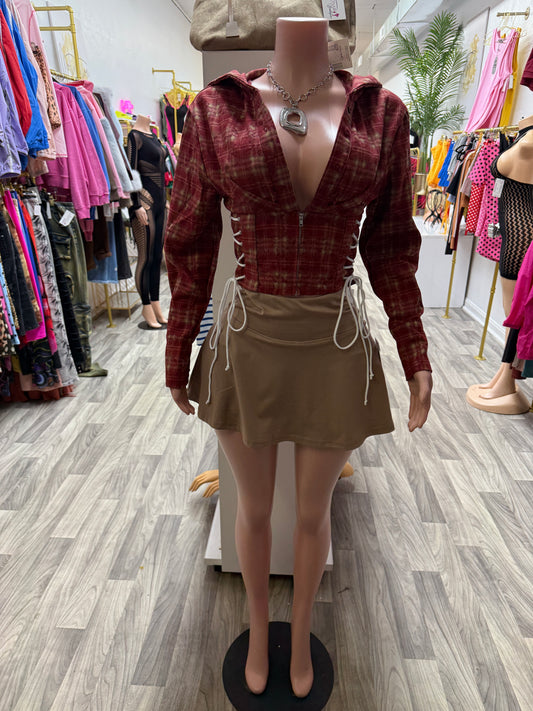 Varsity Plaid Lace-Up Hoodie Corset Top