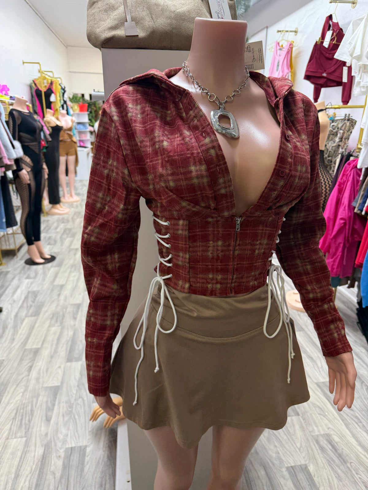 Varsity Plaid Lace-Up Hoodie Corset Top