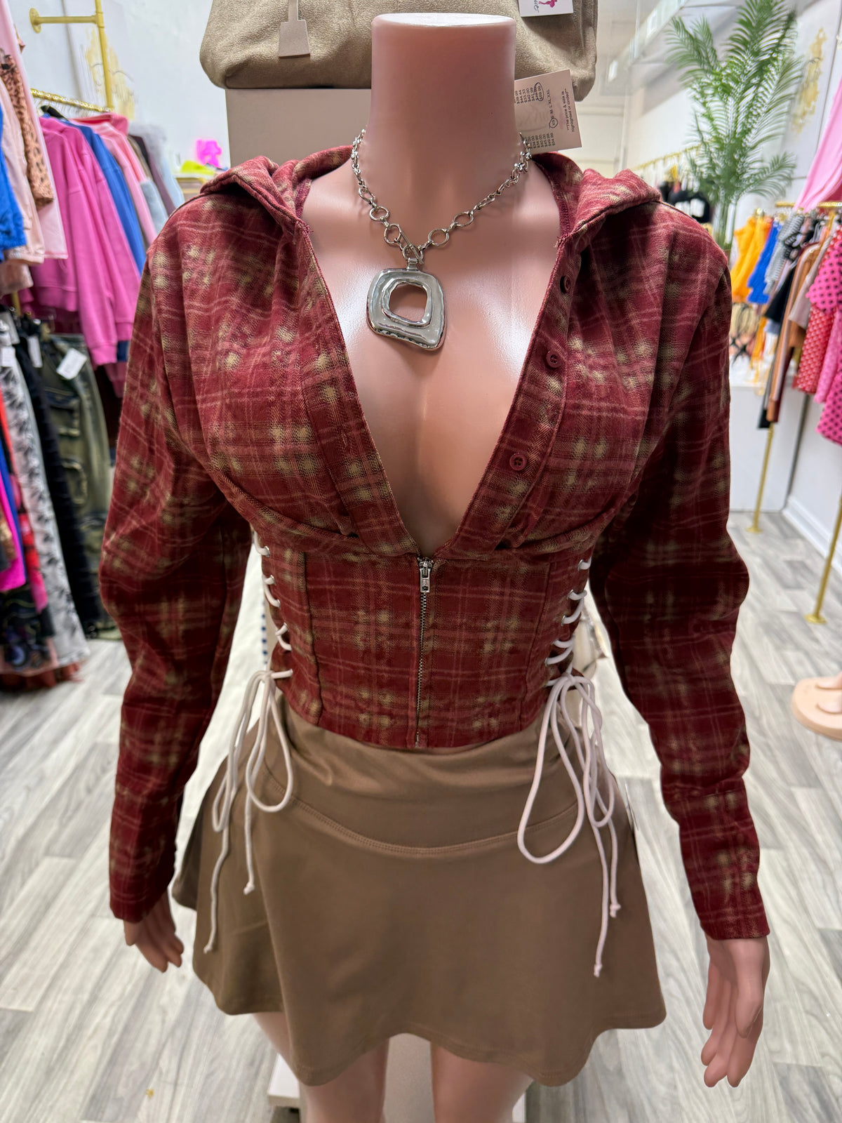 Varsity Plaid Lace-Up Hoodie Corset Top