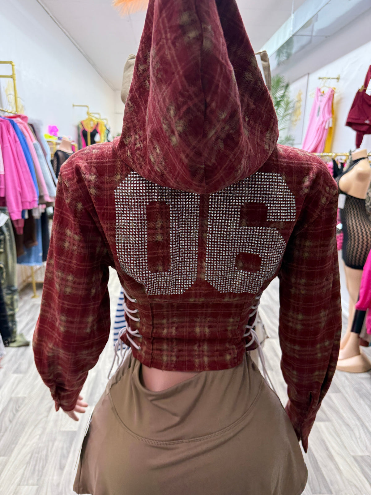Varsity Plaid Lace-Up Hoodie Corset Top