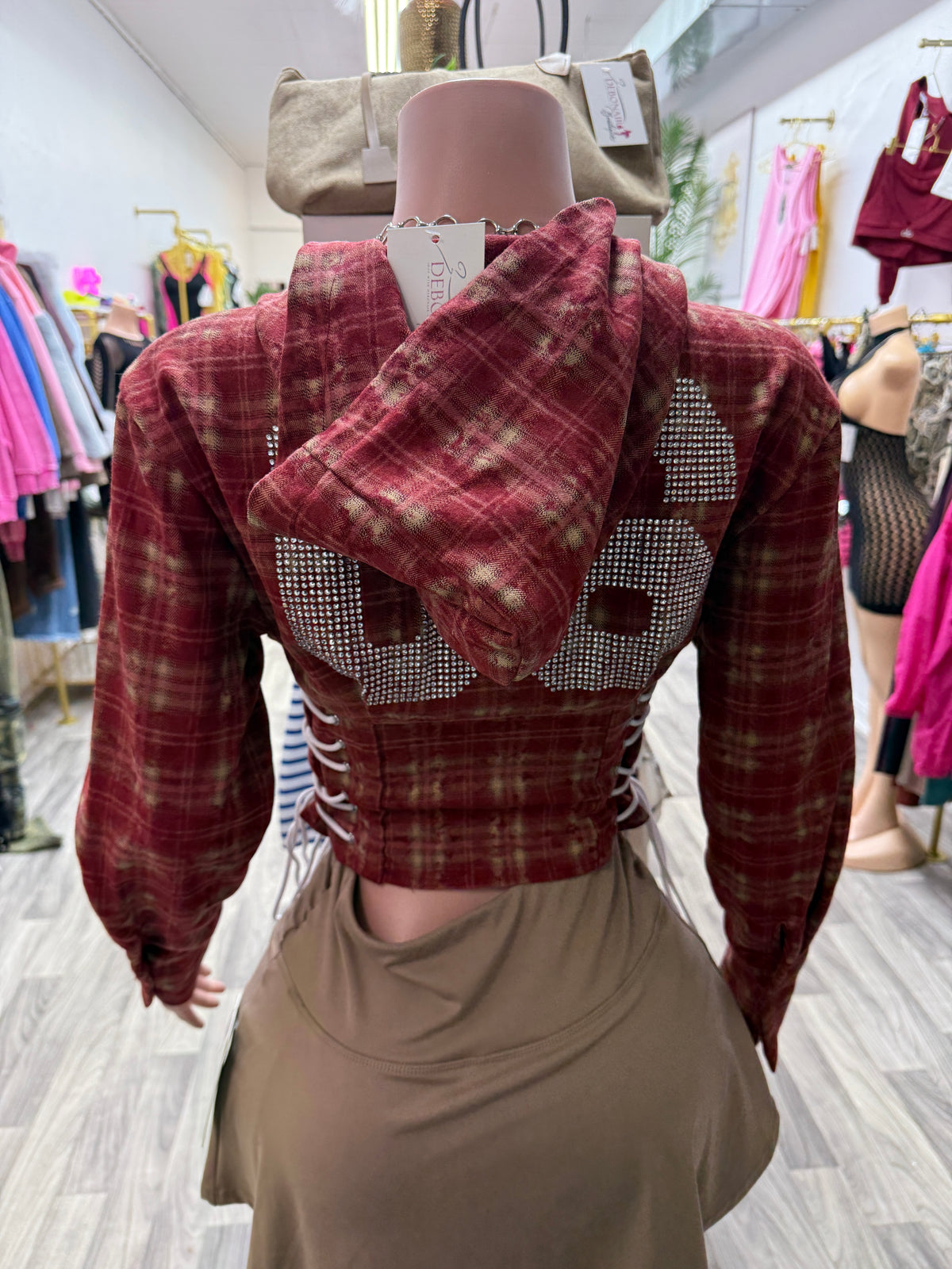 Varsity Plaid Lace-Up Hoodie Corset Top