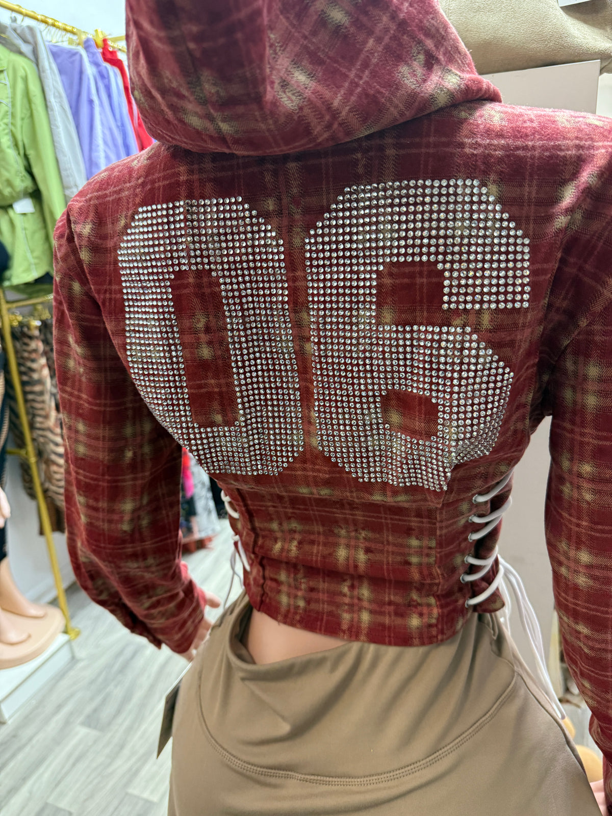 Varsity Plaid Lace-Up Hoodie Corset Top