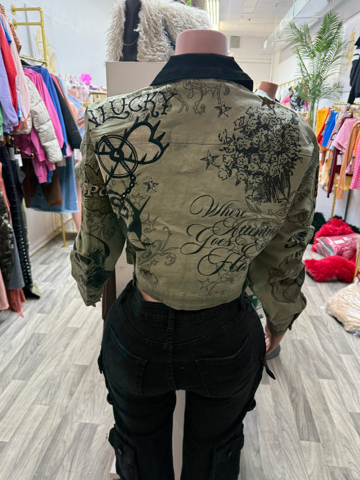 Lucky Rebel Cropped Graphic Utility Jacket