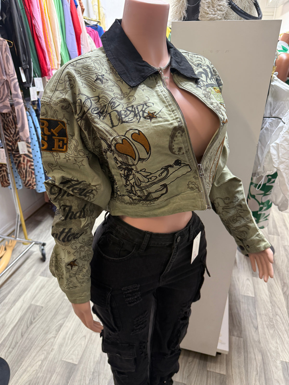 Lucky Rebel Cropped Graphic Utility Jacket