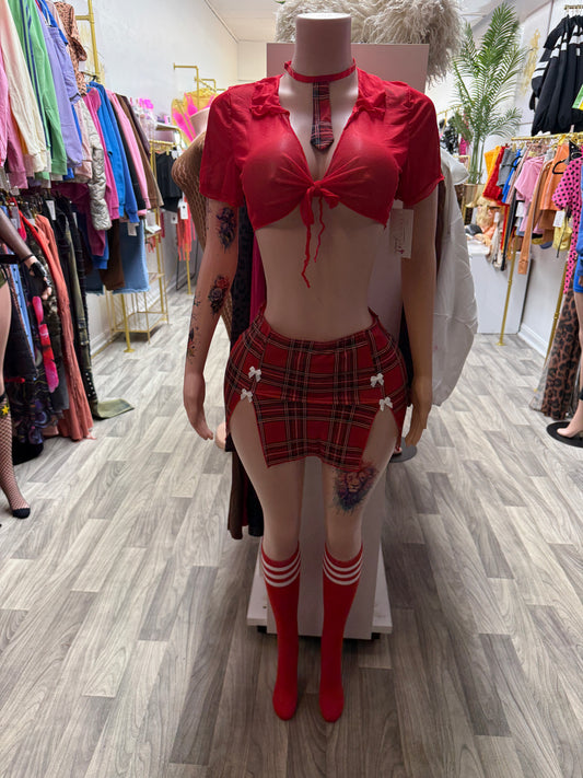 Class Dismissed Sexy Schoolgirl Halloween Costume – Red Plaid 5-Piece Set