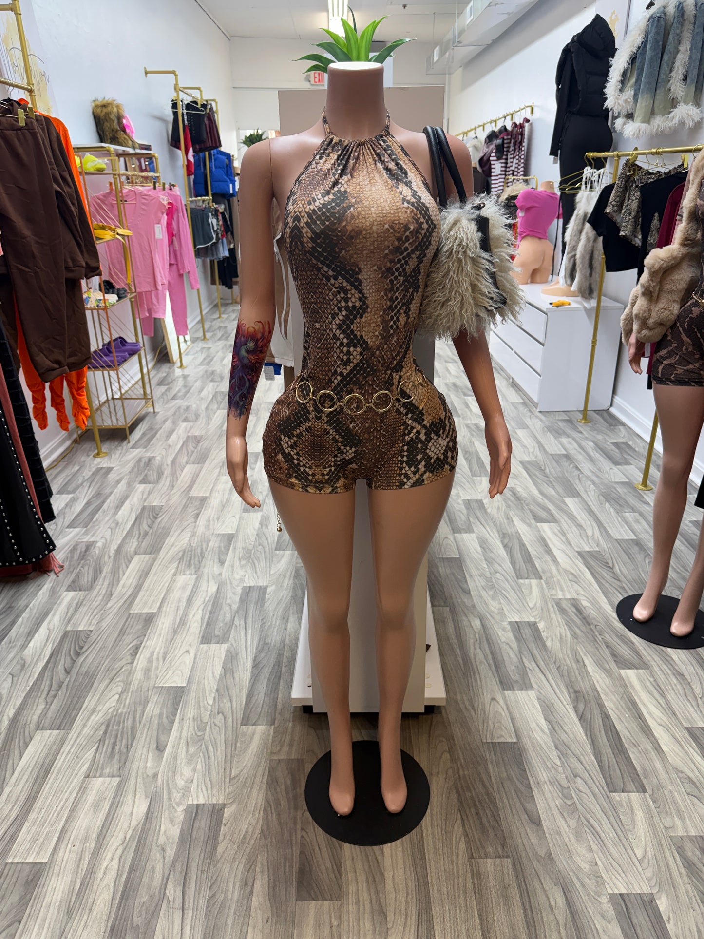 Savage Snakeskin Halter Romper – Open Back Bodycon Short Set (Waist Chain not included)