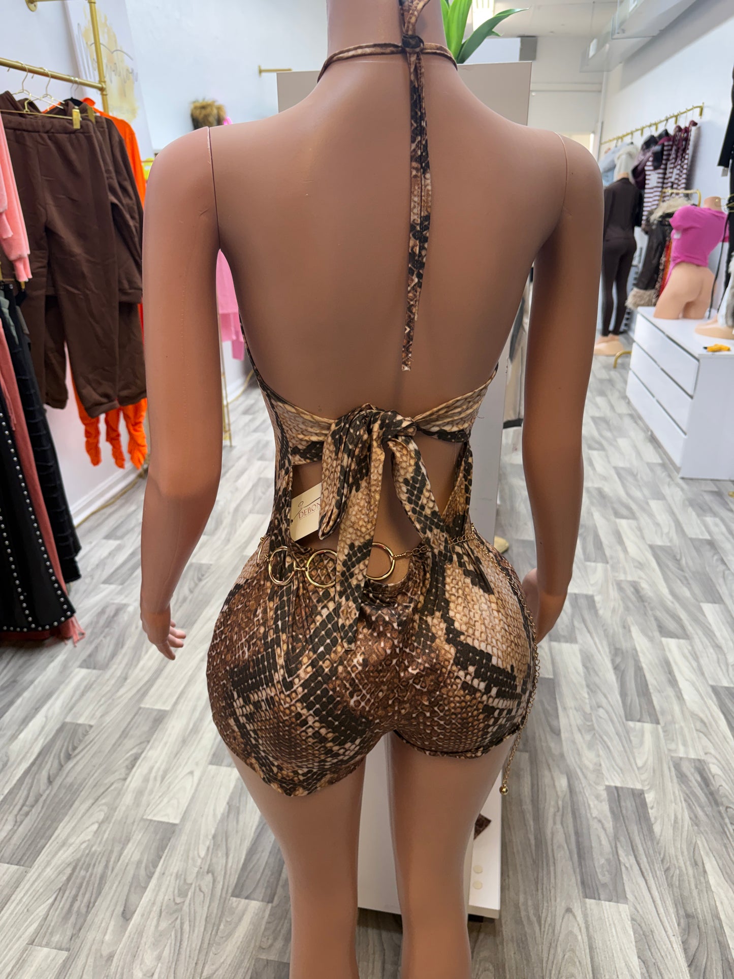 Savage Snakeskin Halter Romper – Open Back Bodycon Short Set (Waist Chain not included)