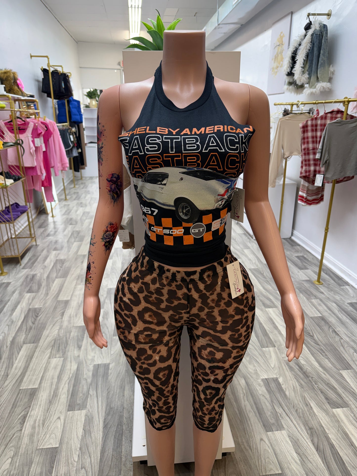 Fastback Baddie Custom Cut Graphic Halter Top – Lace-Up Back Streetwear Tee