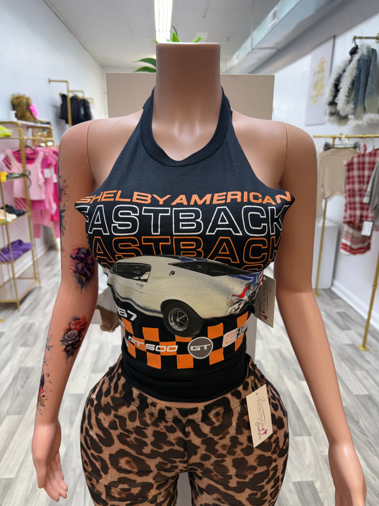 Fastback Baddie Custom Cut Graphic Halter Top – Lace-Up Back Streetwear Tee