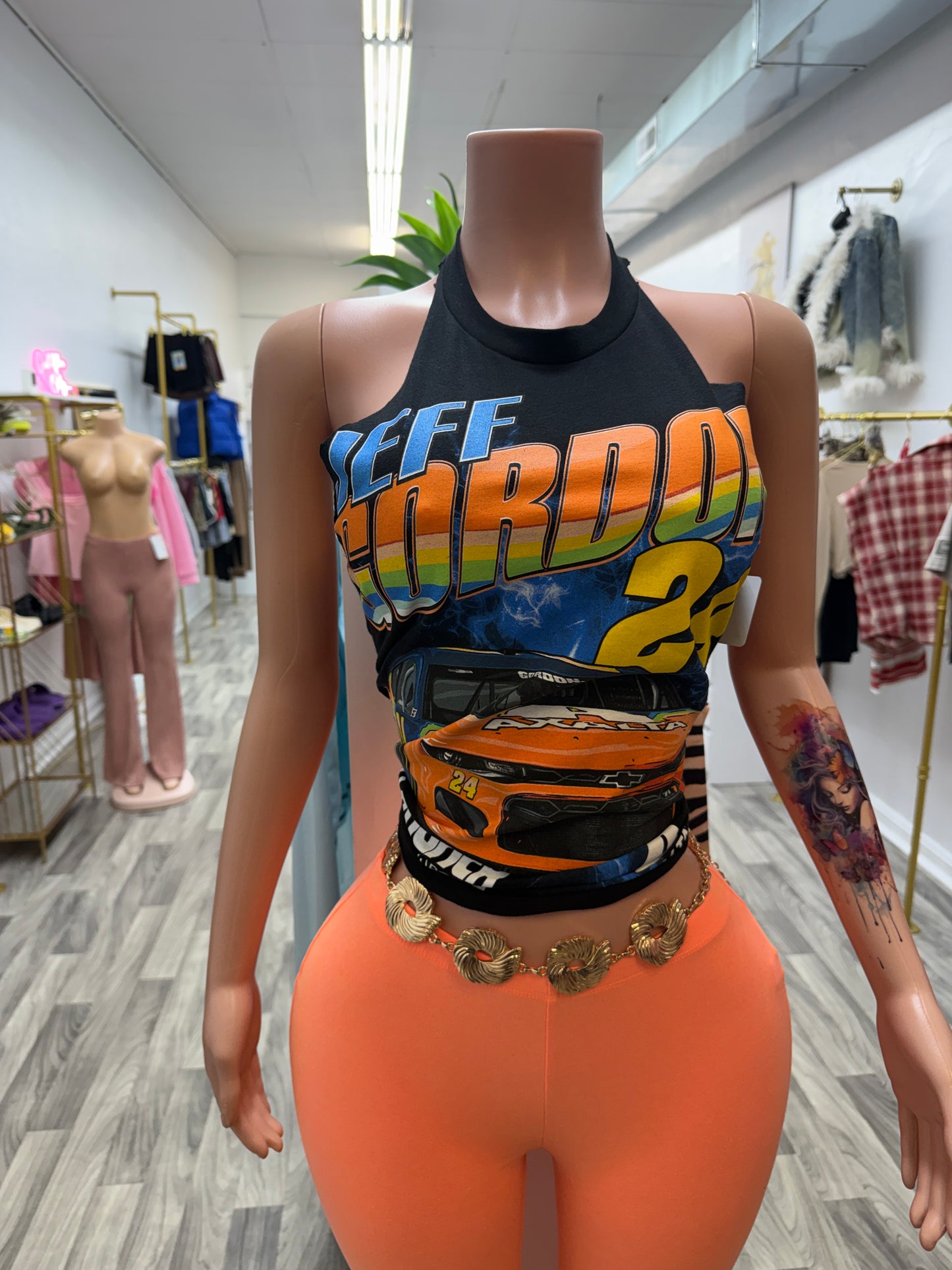Speed Racer Custom Cut Halter Graphic Top – Lace-Up Back Statement Tee