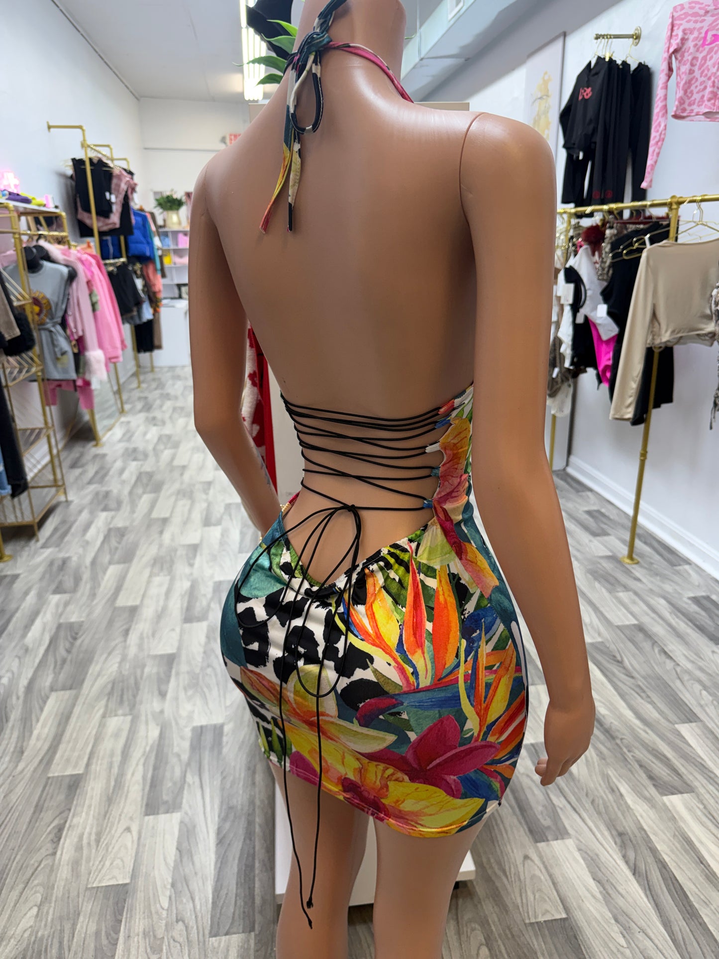 Tropical Temptation Lace-Up Mini Dress
