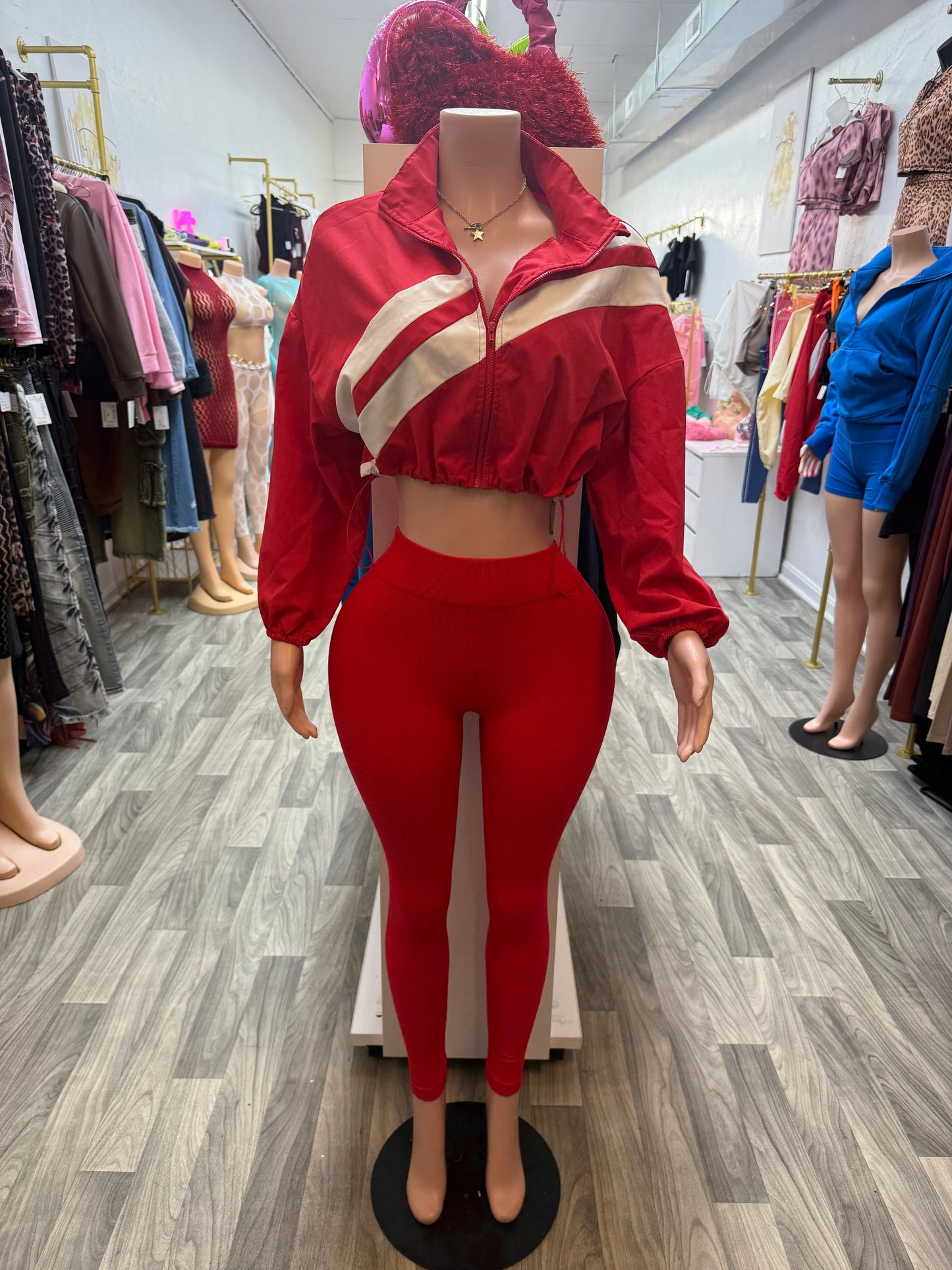 Fast Lane Ribbed Legging & Cropped Windbreaker Set – Red