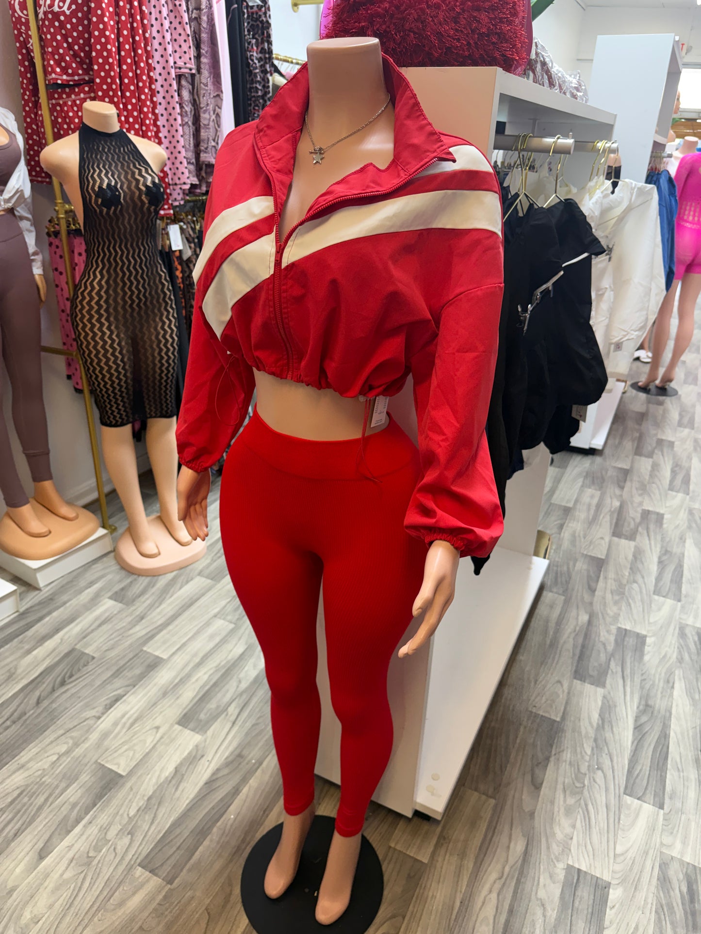 Fast Lane Ribbed Legging & Cropped Windbreaker Set – Red