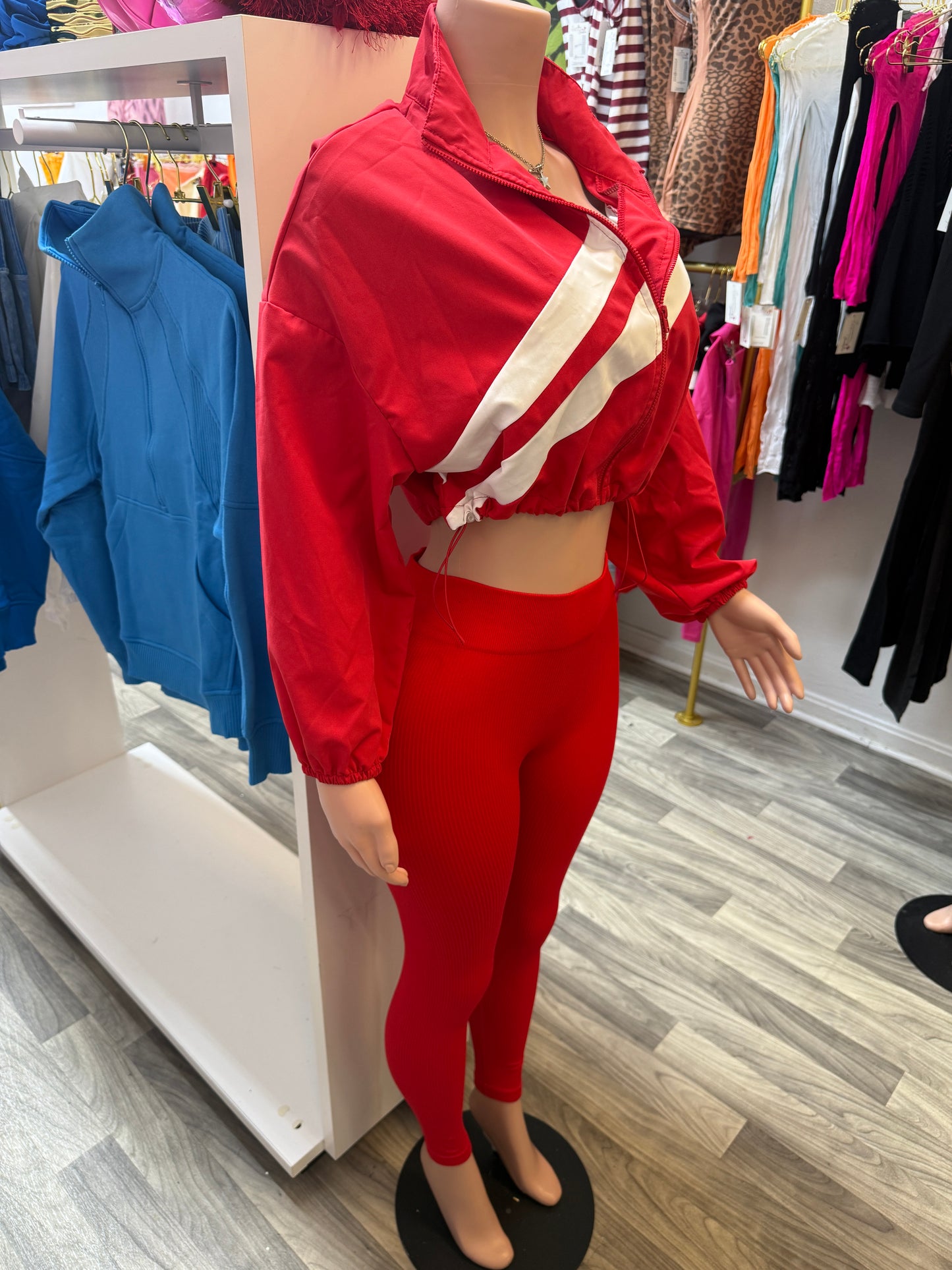 Fast Lane Ribbed Legging & Cropped Windbreaker Set – Red