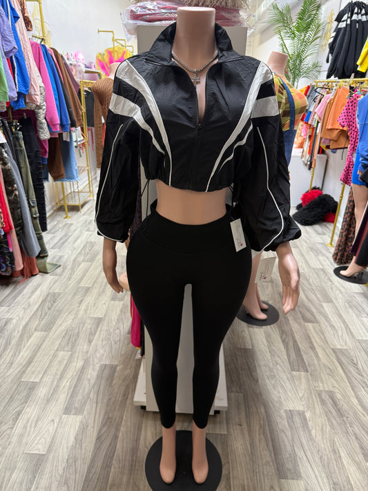 On The Move Black & White Cropped Windbreaker Leggings Set