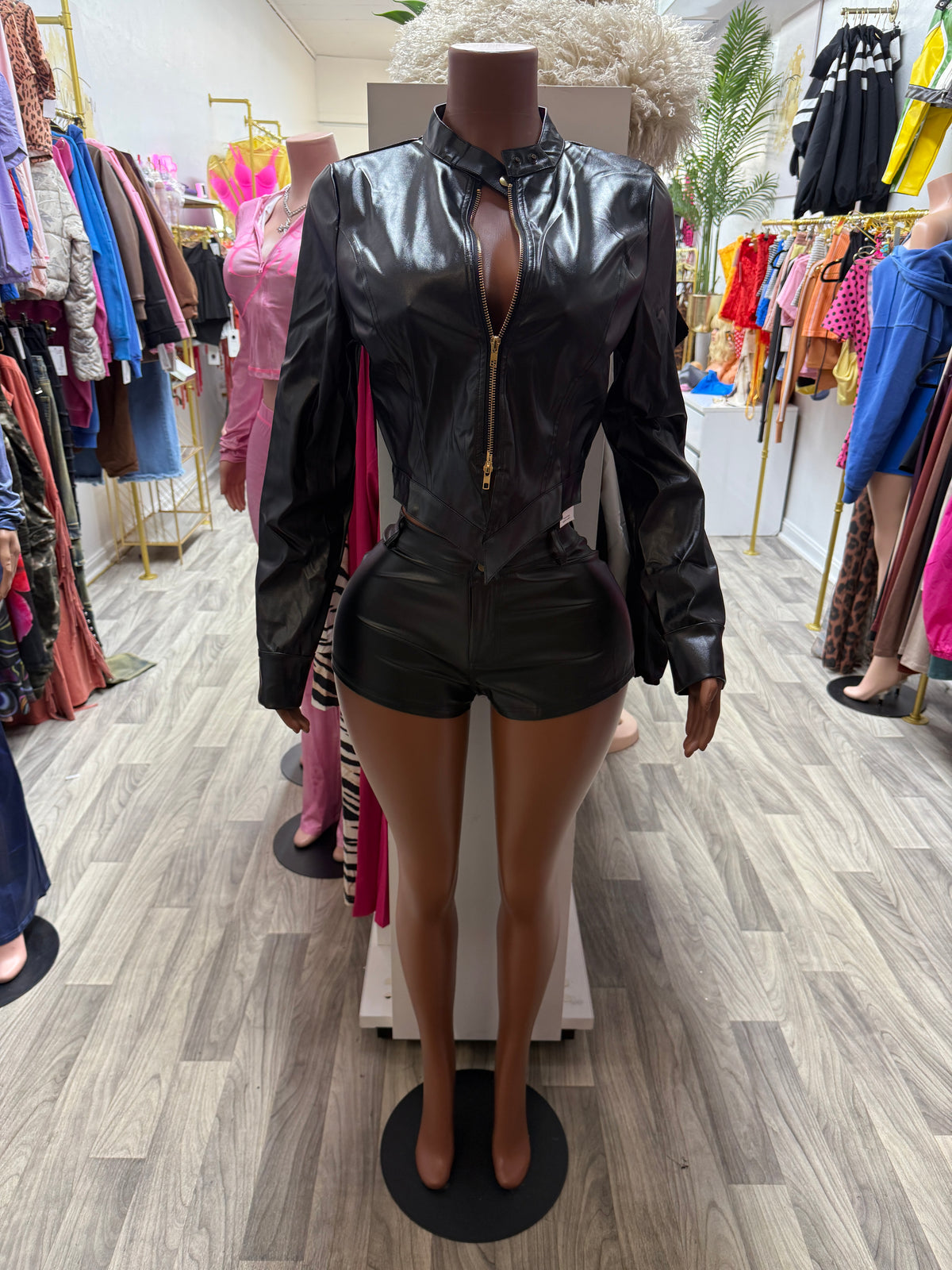 Midnight Rebel Faux Leather Jacket & Shorts Set – Black