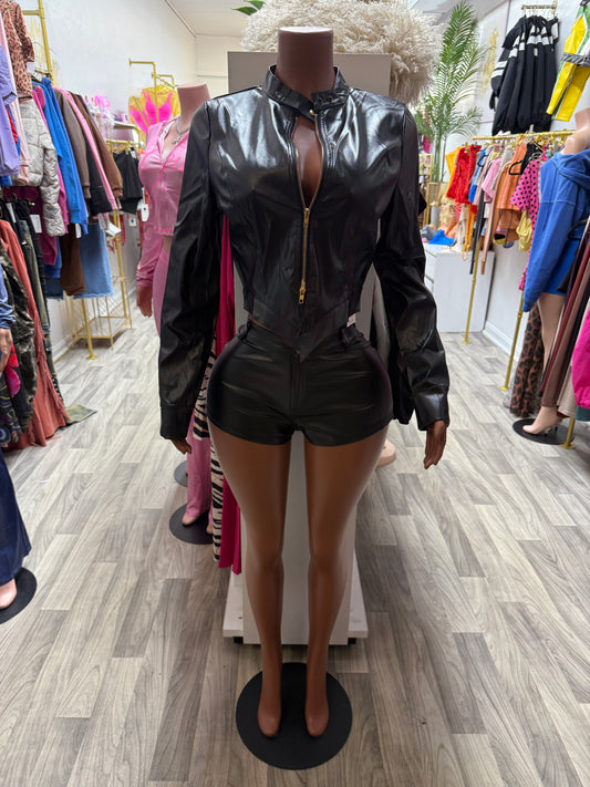 Midnight Rebel Faux Leather Jacket & Shorts Set – Black