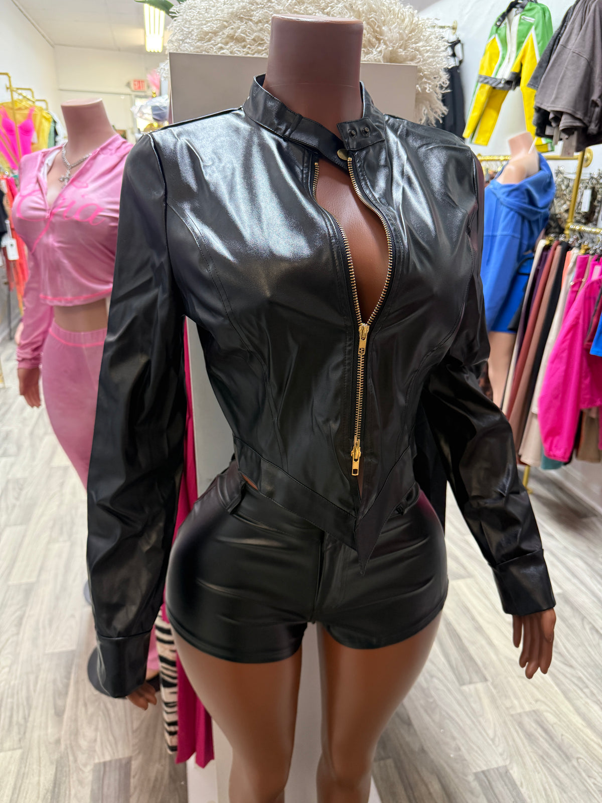 Midnight Rebel Faux Leather Jacket & Shorts Set – Black