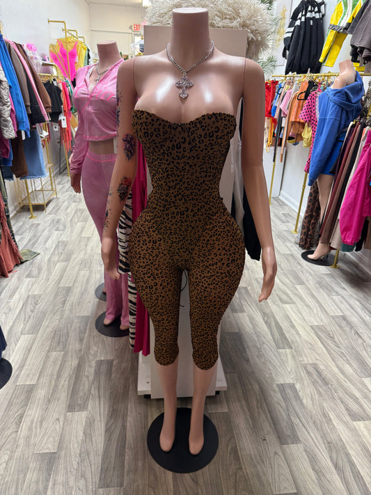 Wild Temptation Leopard Print Strapless Corset Capri Romper – Brown