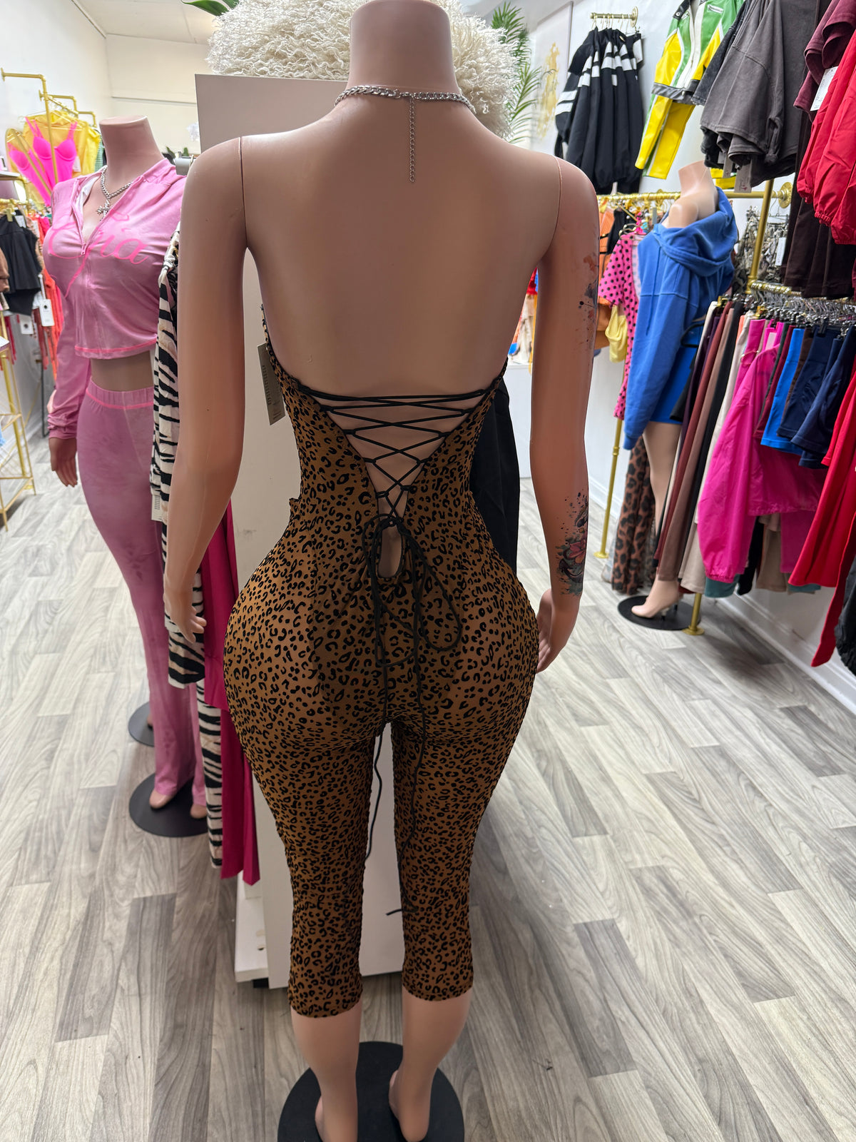 Wild Temptation Leopard Print Strapless Corset Capri Romper – Brown