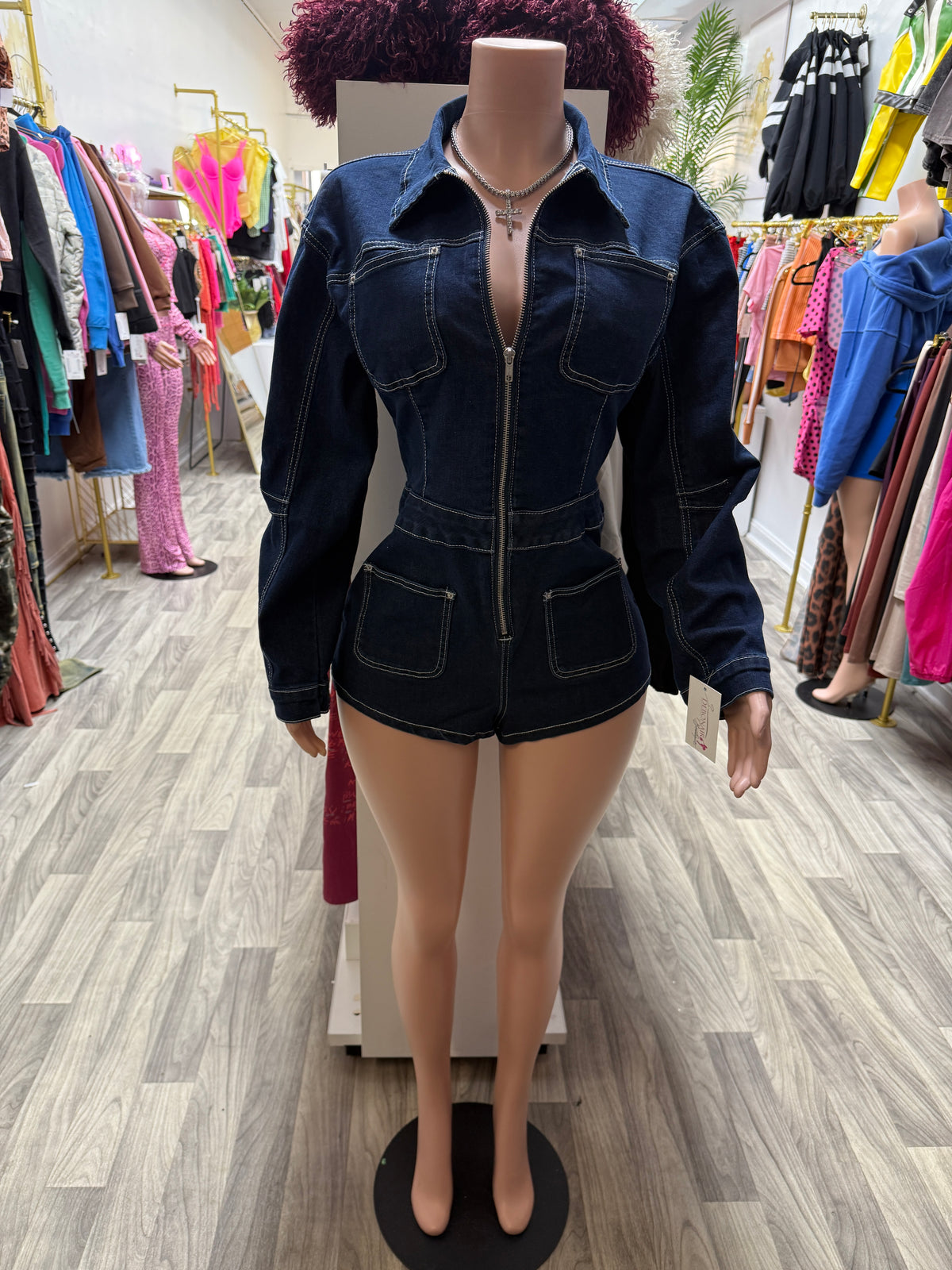 Denim On Demand Stretch Romper – Dark Wash Zip-Up Long Sleeve Playsuit