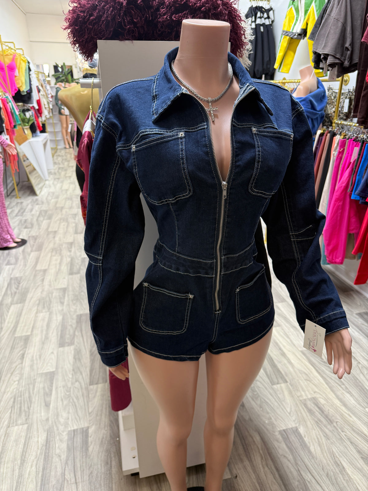 Denim On Demand Stretch Romper – Dark Wash Zip-Up Long Sleeve Playsuit