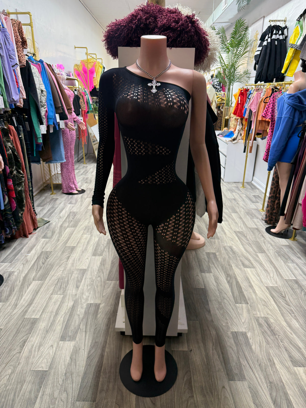 After Dark One-Shoulder Sheer Lace Jumpsuit – Black Stretch Mesh Bodysuit | One Size Fits All