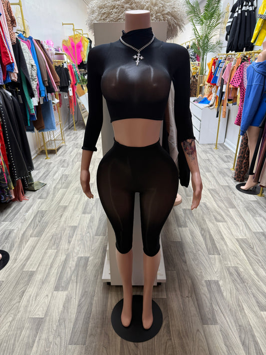 After Dark Second Skin Sheer Mesh Capri Set – Black | One Size Fits All