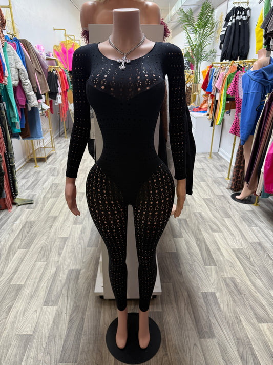Midnight Temptation Sheer Cutout Jumpsuit – Black | One Size Fits All